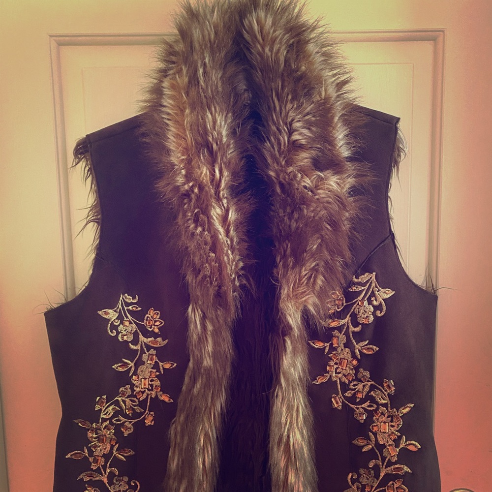 INC Suede bejeweled faux fur vest